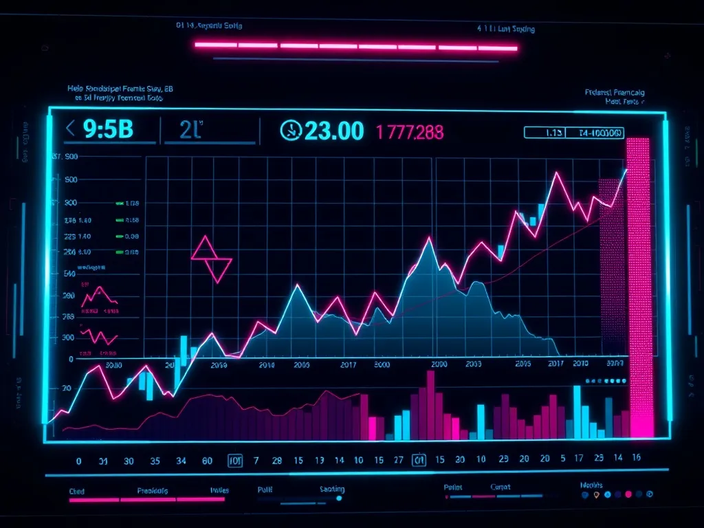 A high-tech digital interface showing financial charts, medi