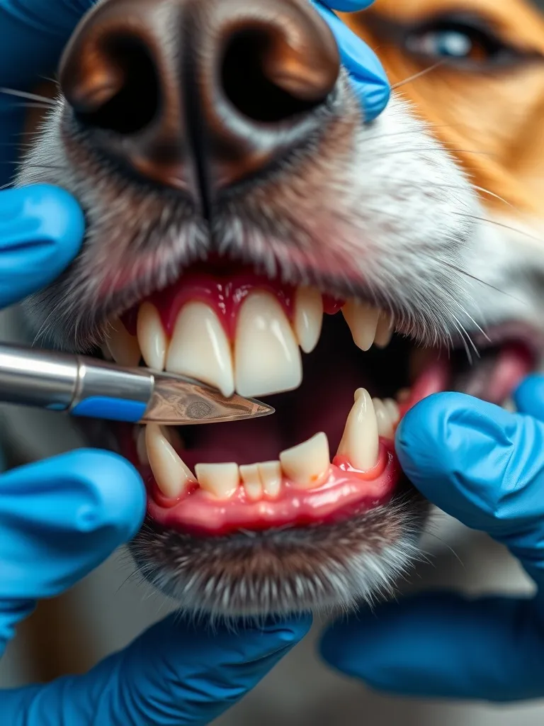 Close up of a clean, white set of dog teeth being examined b