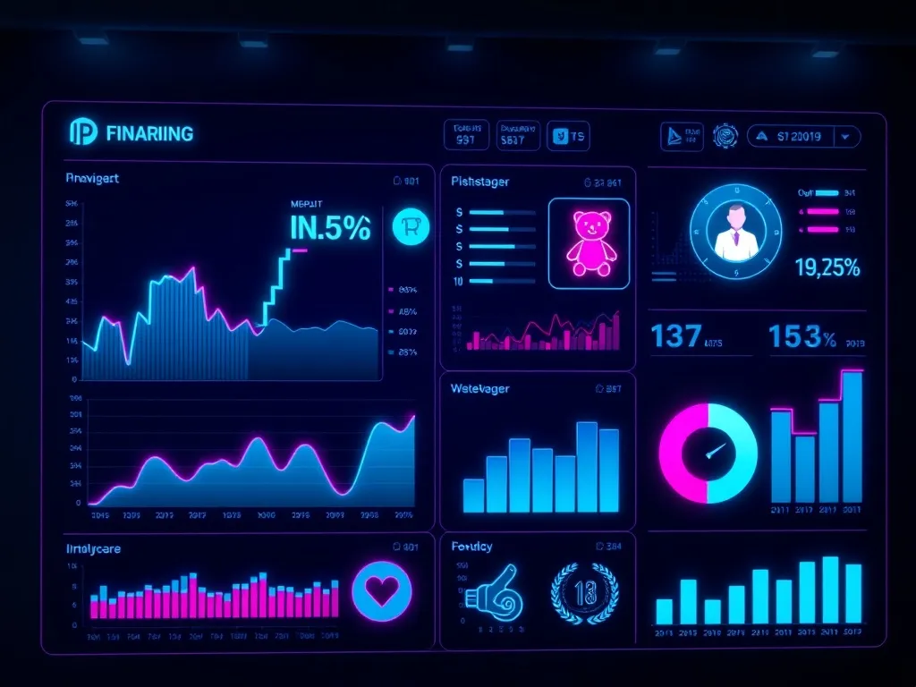 A high-tech digital dashboard showing financial graphs, medi
