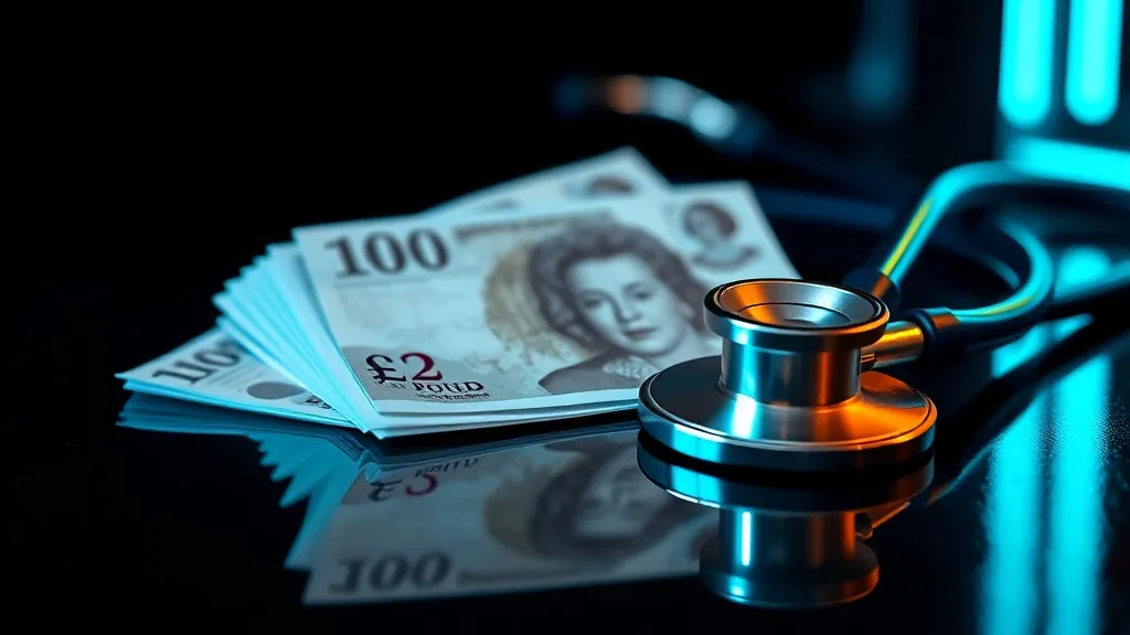 Close up of UK pound notes and a stethoscope on a dark, refl