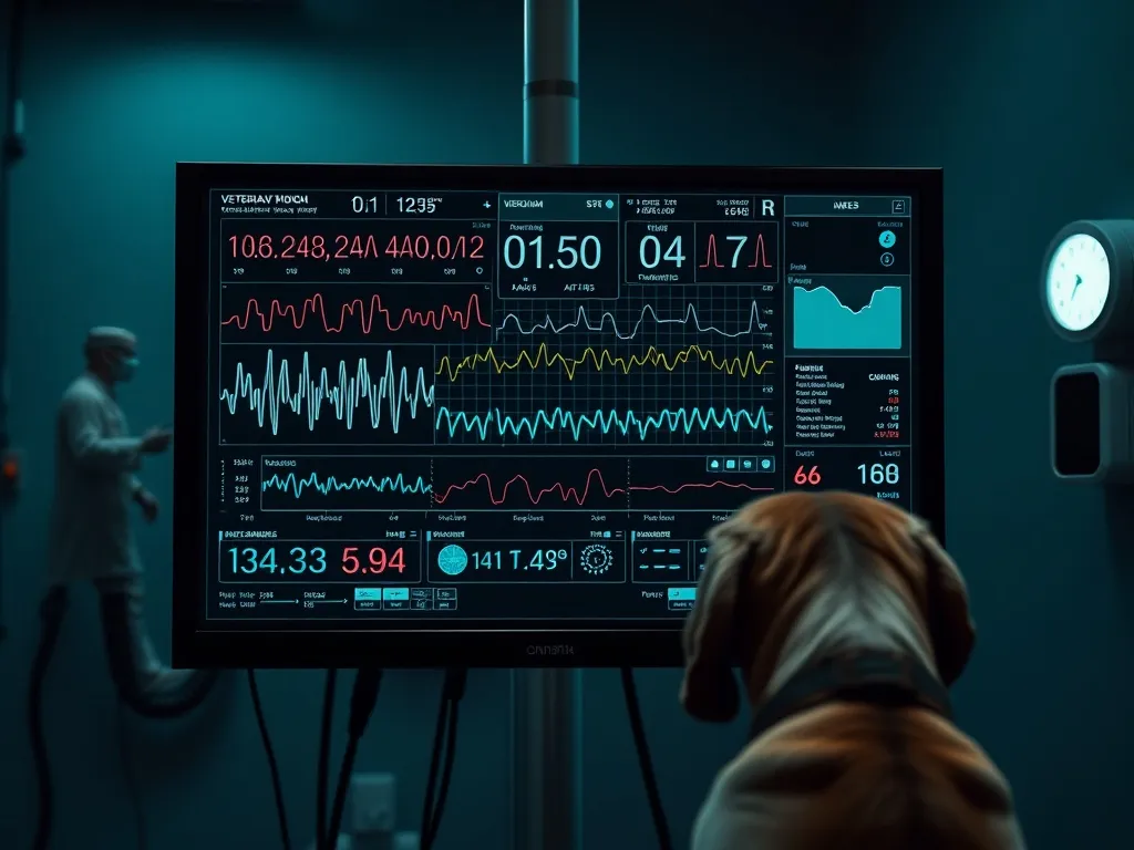 A high-tech veterinary monitor showing vital signs and compl
