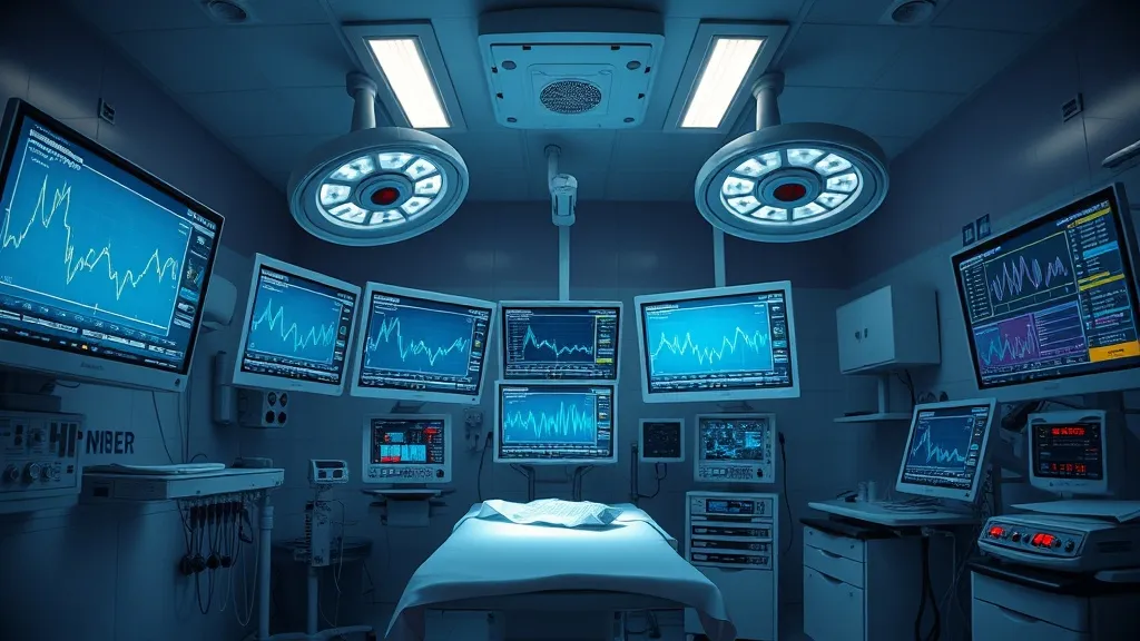 High-tech veterinary surgical room with medical monitors sho